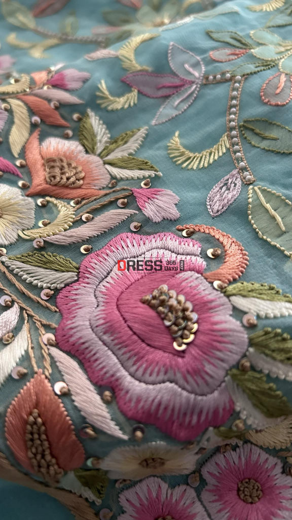 Sea Green Resham Chikankari Parsi Gara Pearl Suit Suits