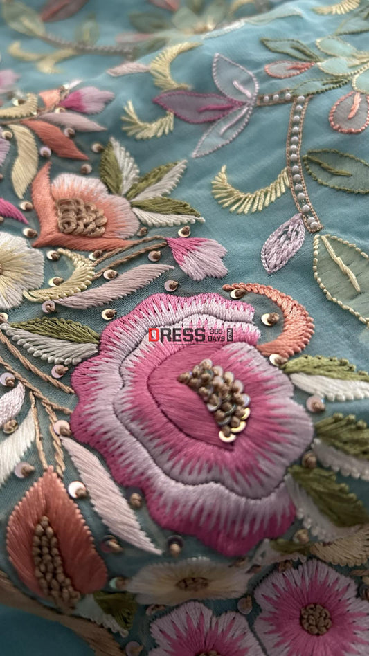 Sea Green Resham Chikankari Parsi Gara Pearl Suit Suits