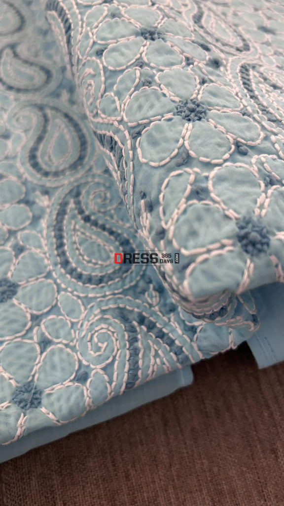 Sky Blue Cotton Chikankari Kurti Fabric (Kurti Fabric)