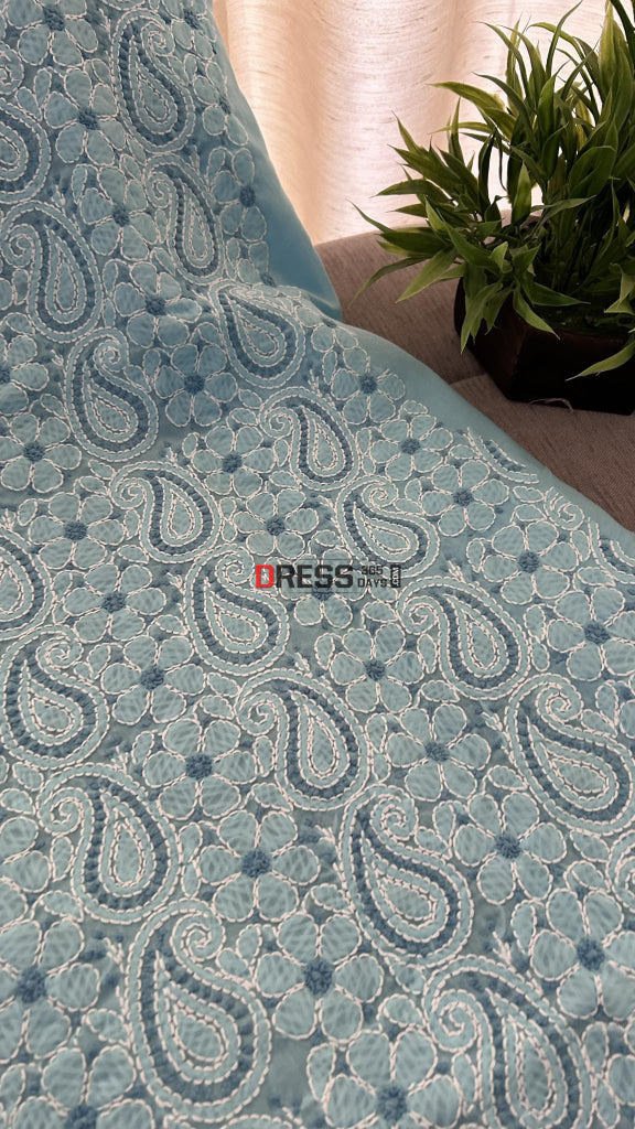 Sky Blue Cotton Chikankari Kurti Fabric (Kurti Fabric)