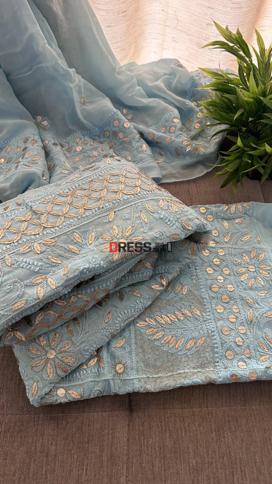 Sky Blue Gota Patti Chikankari Anarkali Suit (Anarkali And Dupatta) Chikankari Anarkali
