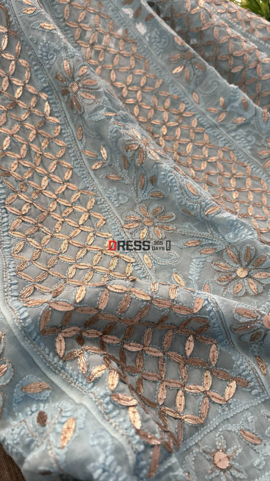 Sky Blue Gota Patti Chikankari Anarkali Suit (Anarkali And Dupatta) Chikankari Anarkali