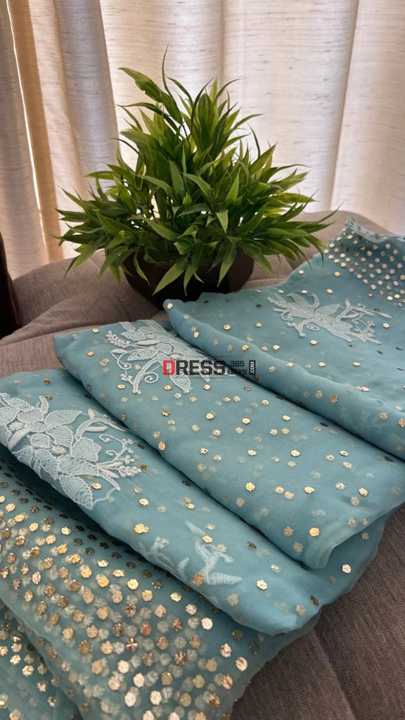 Sky Blue Organza Chikankari & Mukaish Saree Parsi Gara