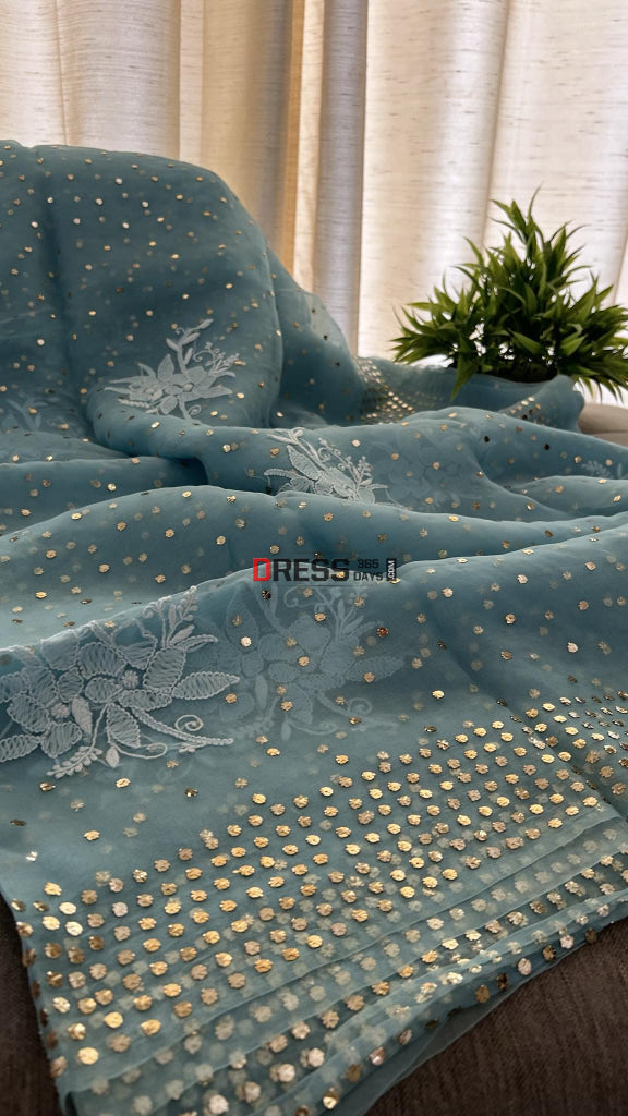 Sky Blue Organza Chikankari & Mukaish Saree Parsi Gara