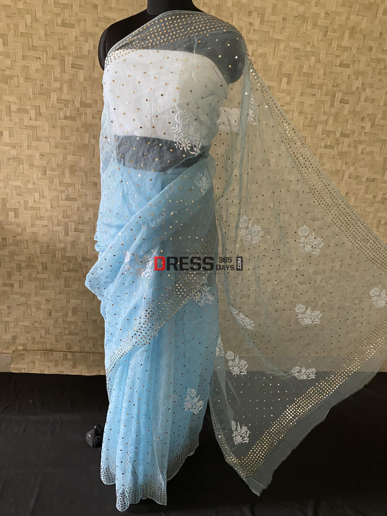 Sky Blue Organza Chikankari & Mukaish Saree Parsi Gara