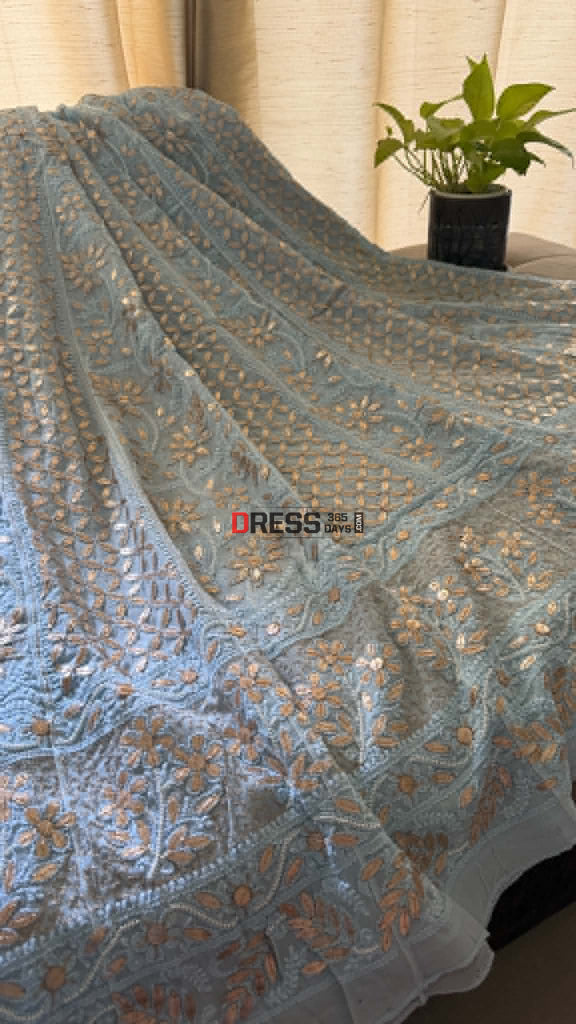 Sky Blue Pearl Gota Patti Chikankari Anarkali Suit (Anarkali And Dupatta) - Chikankari Anarkali