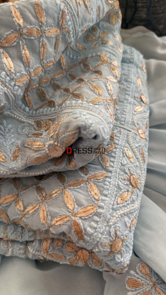 Sky Blue Pearl Gota Patti Chikankari Anarkali Suit (Anarkali And Dupatta) - Chikankari Anarkali