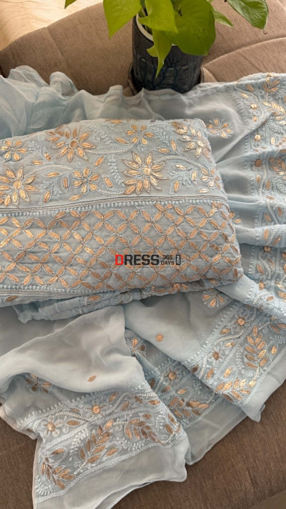 Sky Blue Pearl Gota Patti Chikankari Anarkali Suit (Anarkali And Dupatta) - Chikankari Anarkali