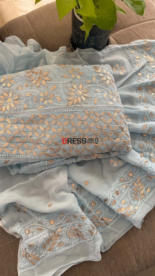Sky Blue Pearl Gota Patti Chikankari Anarkali Suit (Anarkali And Dupatta) - Chikankari Anarkali