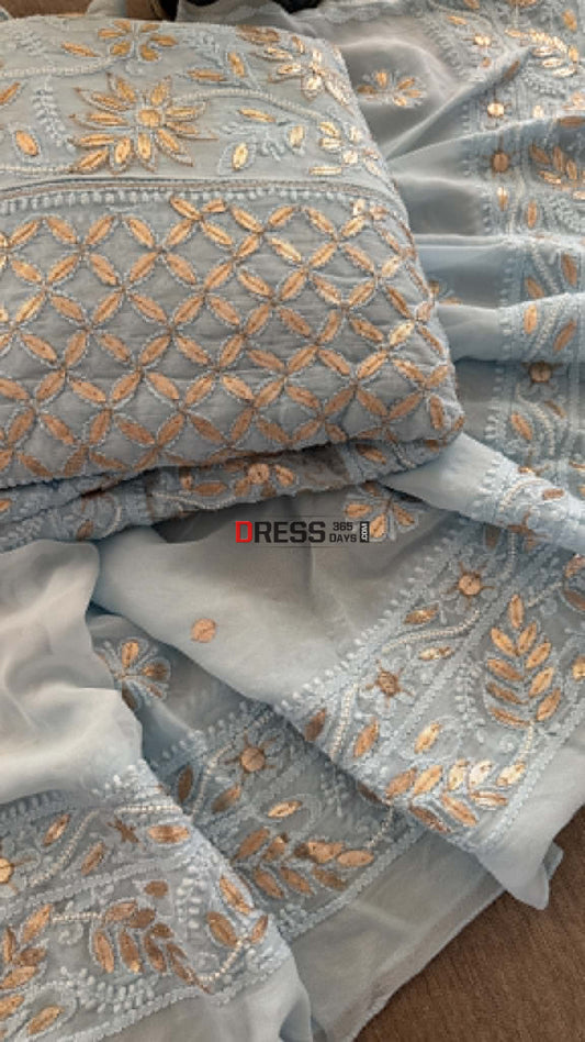 Sky Blue Pearl Gota Patti Chikankari Anarkali Suit (Anarkali And Dupatta) - Chikankari Anarkali
