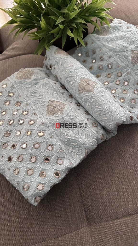 Sky Blue Pearl & Mirror Chikankari Suit Suits