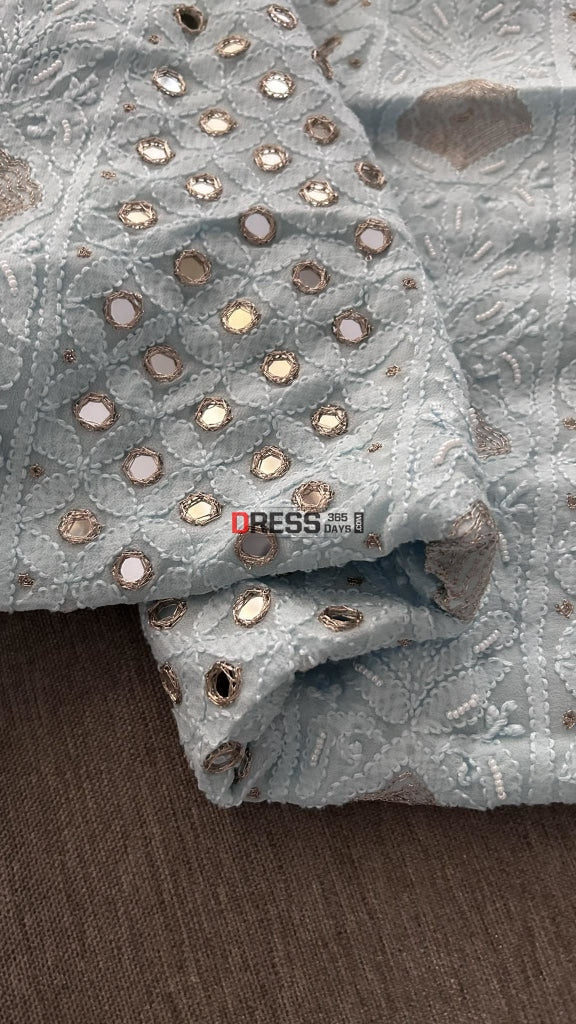 Sky Blue Pearl & Mirror Chikankari Suit Suits