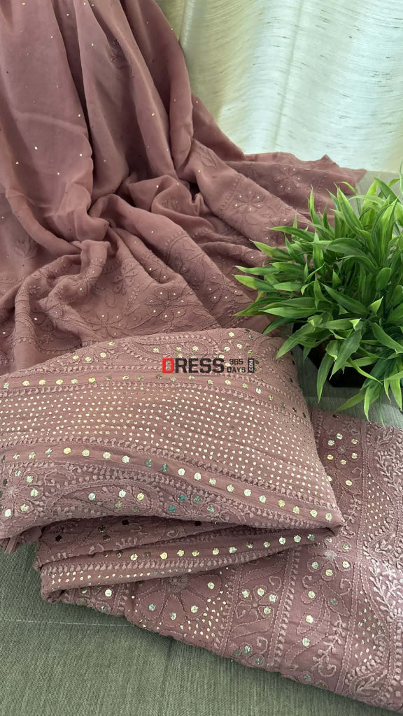 Taupe Brown Chikankari Anarkali Suit With Golden Mukaish (Anarkali And Dupatta) Chikankari Anarkali