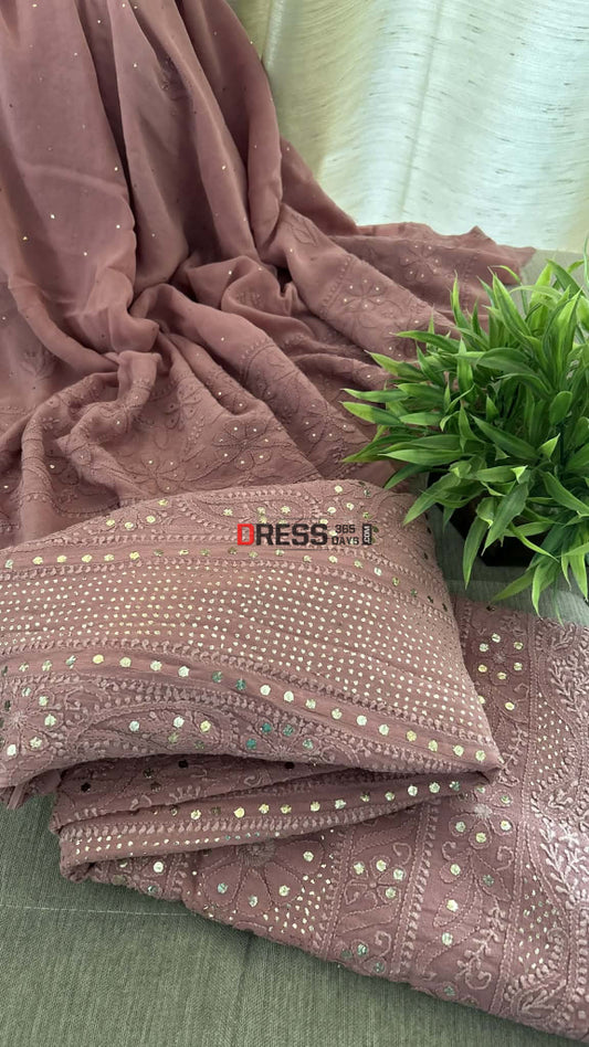 Taupe Brown Chikankari Anarkali Suit With Golden Mukaish (Anarkali And Dupatta) Chikankari Anarkali