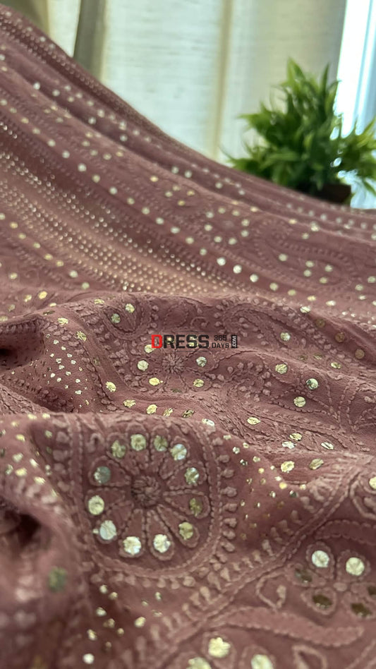 Taupe Brown Chikankari Anarkali Suit With Golden Mukaish (Anarkali And Dupatta) Chikankari Anarkali