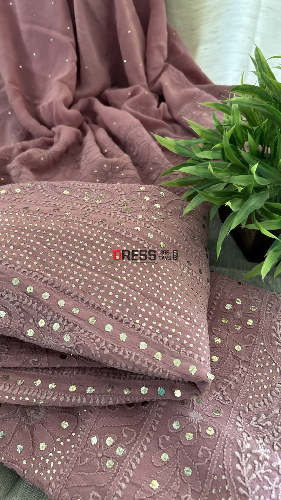Taupe Brown Chikankari Anarkali Suit With Golden Mukaish (Anarkali And Dupatta) Chikankari Anarkali