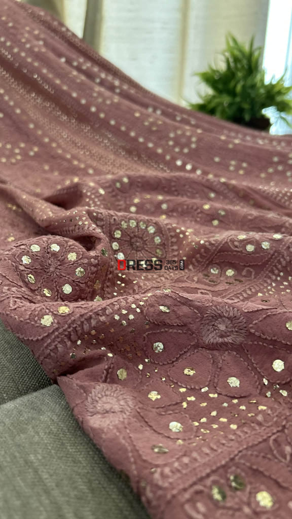 Taupe Brown Chikankari Anarkali Suit With Golden Mukaish (Anarkali And Dupatta) Chikankari Anarkali