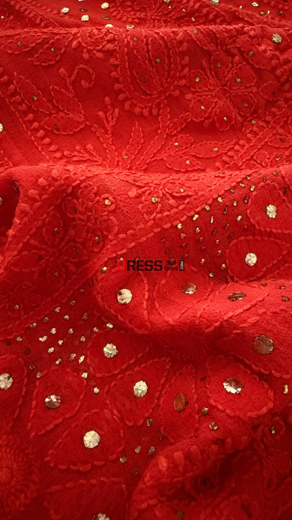 Vermilion Red Chikankari Anarkali Suit With Golden Mukaish (Anarkali And Dupatta) - Chikankari Anarkali