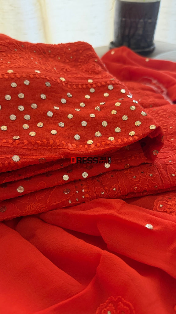 Vermilion Red Chikankari Anarkali Suit With Golden Mukaish (Anarkali And Dupatta) - Chikankari Anarkali