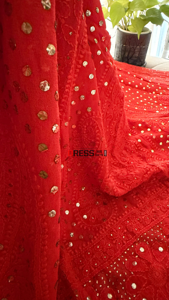 Vermilion Red Chikankari Anarkali Suit With Golden Mukaish (Anarkali And Dupatta) - Chikankari Anarkali