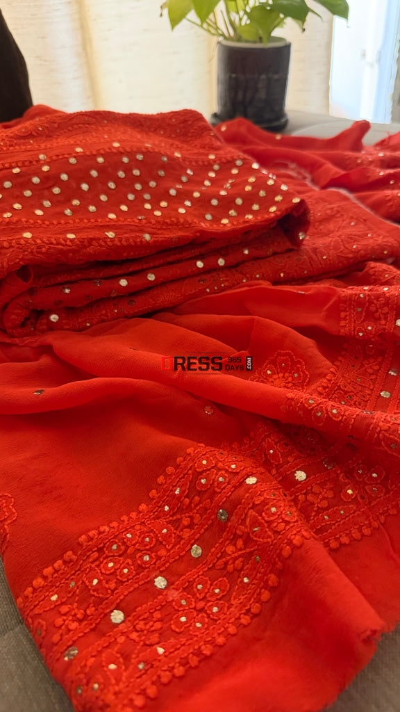 Vermilion Red Chikankari Anarkali Suit With Golden Mukaish (Anarkali And Dupatta) - Chikankari Anarkali