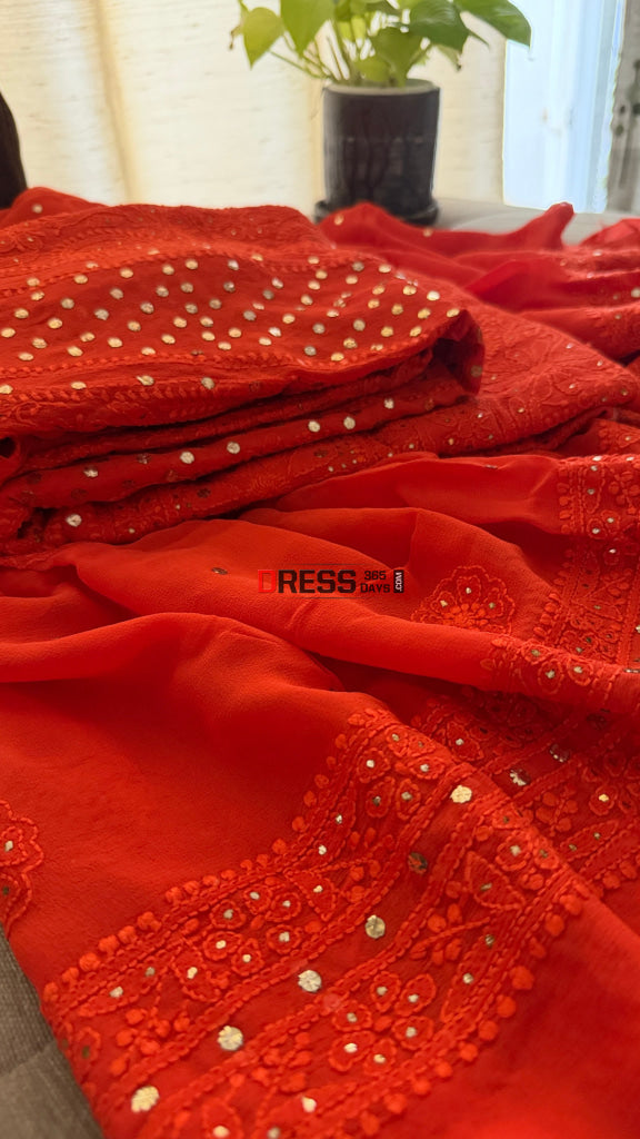 Vermilion Red Chikankari Anarkali Suit With Golden Mukaish (Anarkali And Dupatta) - Chikankari Anarkali