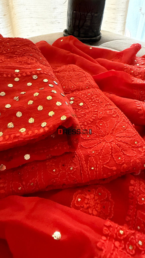 Vermilion Red Chikankari Anarkali Suit With Golden Mukaish (Anarkali And Dupatta) - Chikankari Anarkali
