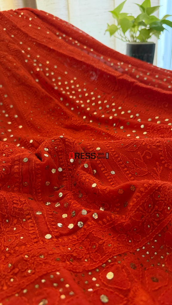 Vermilion Red Chikankari Anarkali Suit With Golden Mukaish (Anarkali And Dupatta) - Chikankari Anarkali