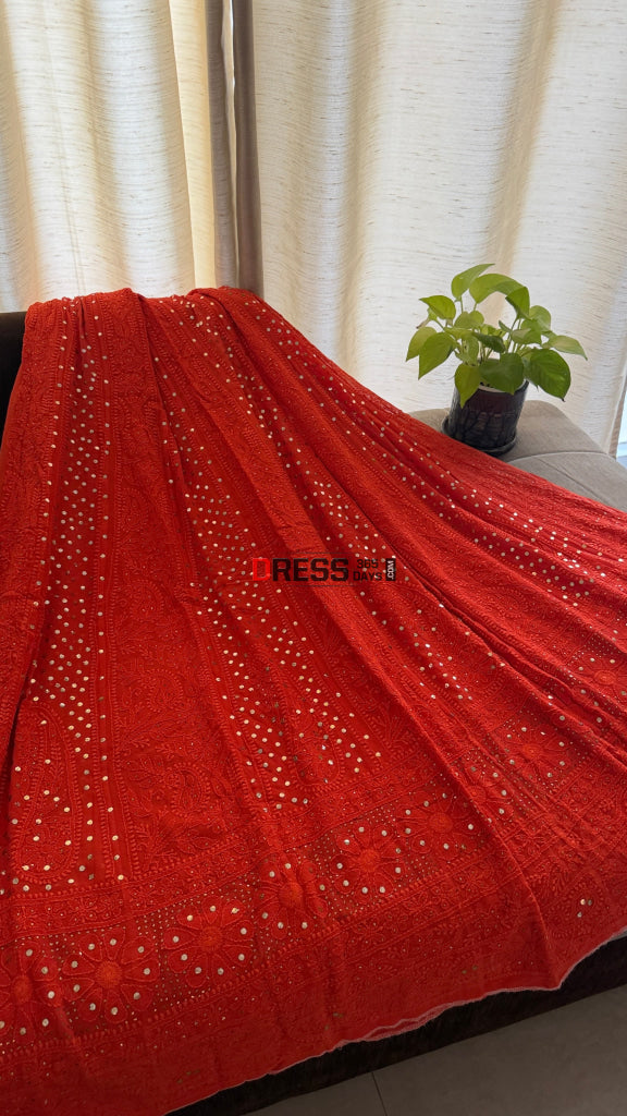 Vermilion Red Chikankari Anarkali Suit With Golden Mukaish (Anarkali And Dupatta) - Chikankari Anarkali