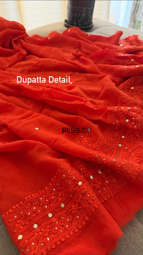 Vermilion Red Chikankari Anarkali Suit With Golden Mukaish (Anarkali And Dupatta) - Chikankari Anarkali