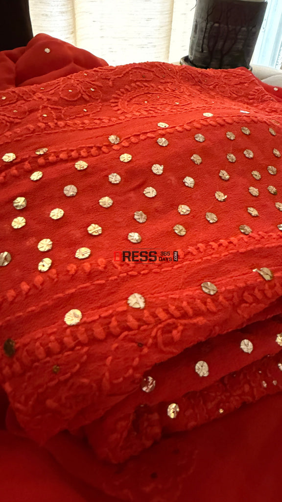 Vermilion Red Chikankari Anarkali Suit With Golden Mukaish (Anarkali And Dupatta) - Chikankari Anarkali