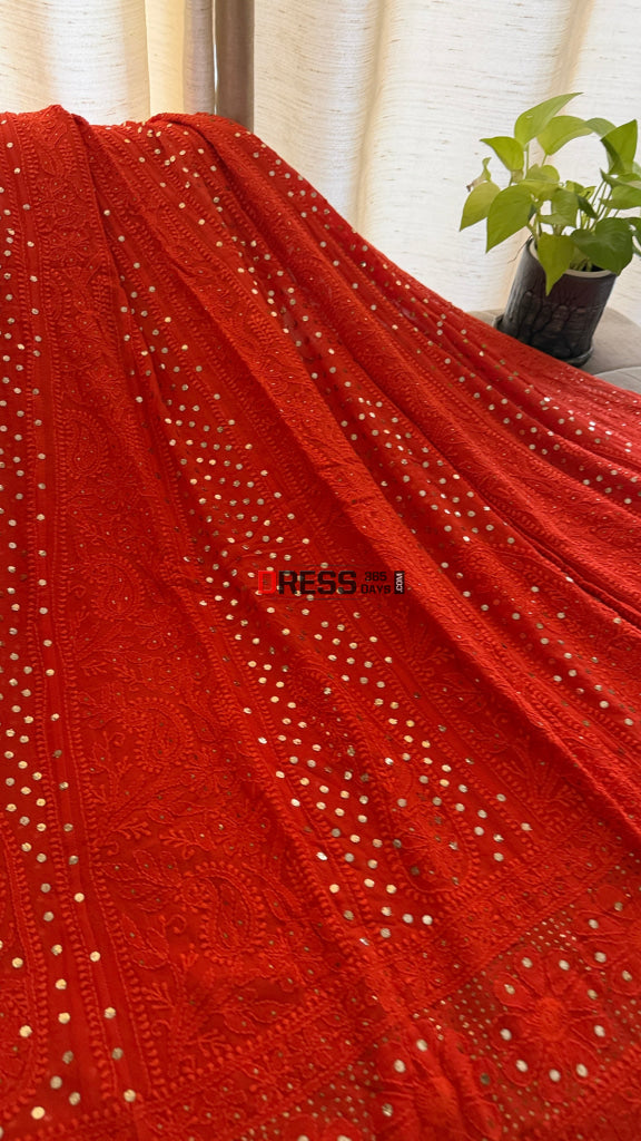 Vermilion Red Chikankari Anarkali Suit With Golden Mukaish (Anarkali And Dupatta) - Chikankari Anarkali