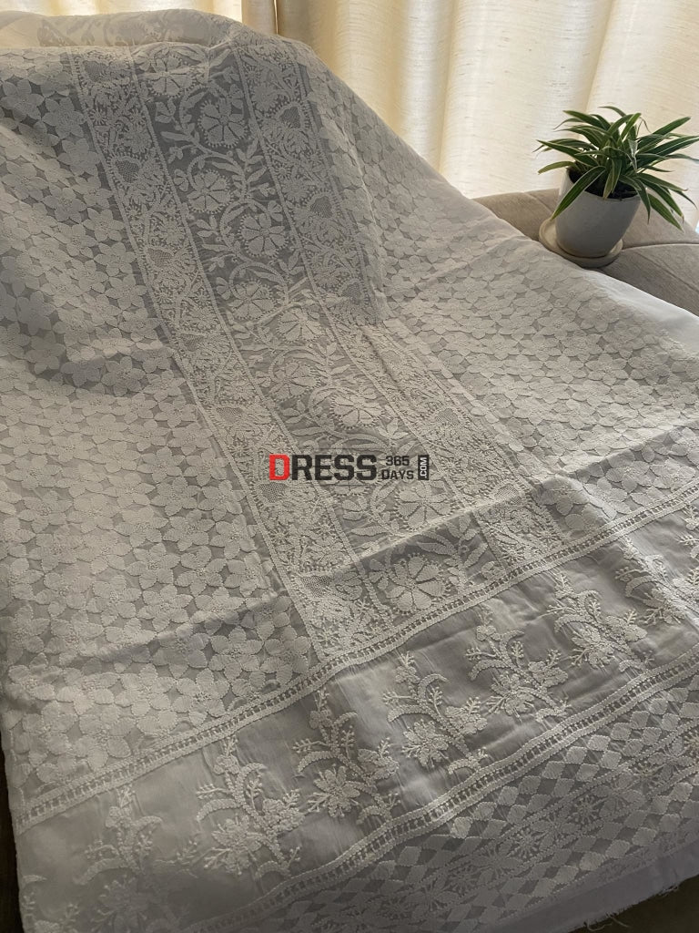 White Cotton Chikankari & Hand Jaali Kurti Fabric (Only Kurti)