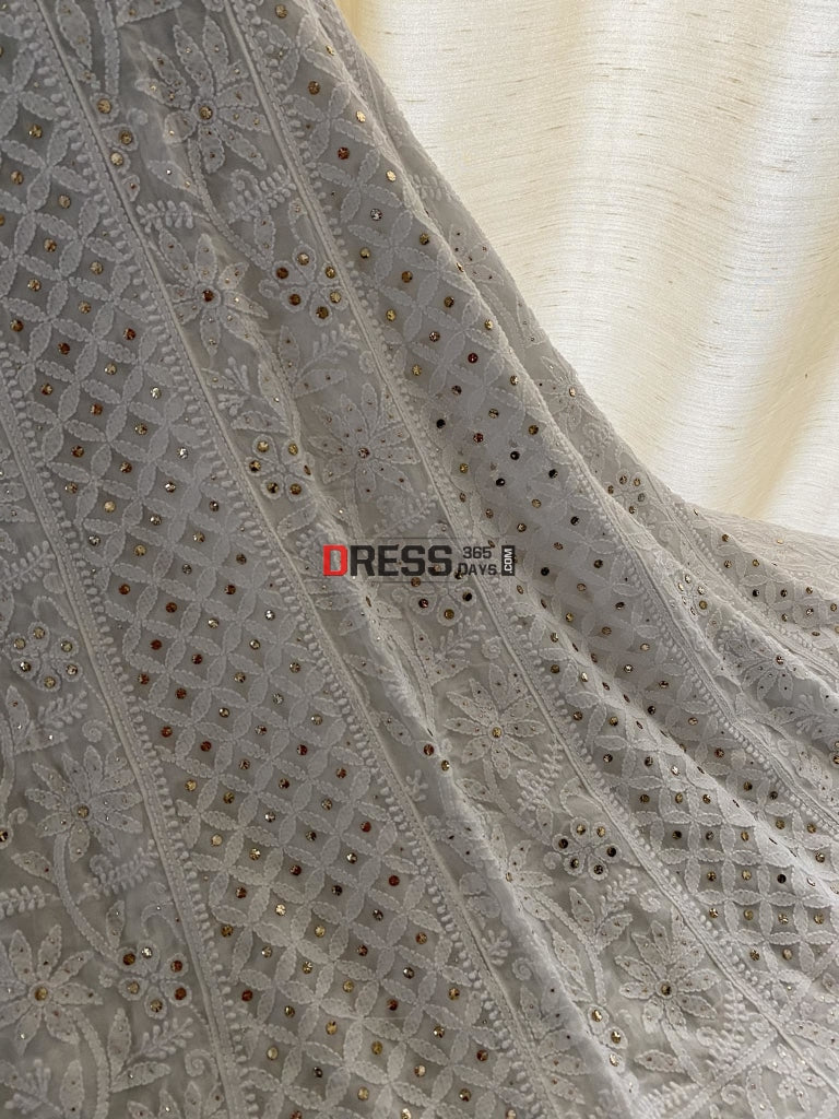 White Kamdani Lucknowi Chikankari Anarkali Suit