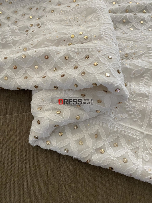 White Kamdani Lucknowi Chikankari Anarkali Suit