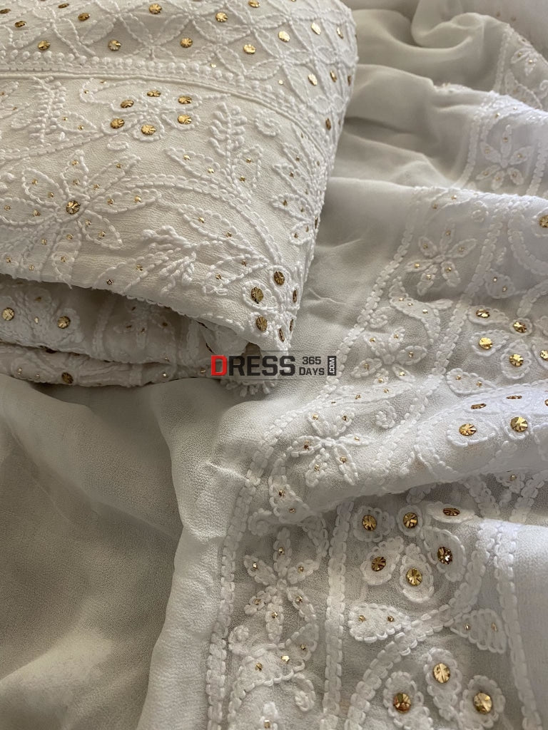 White Kamdani Lucknowi Chikankari Anarkali Suit