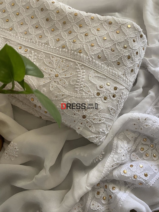 White Kamdani Lucknowi Chikankari Anarkali Suit