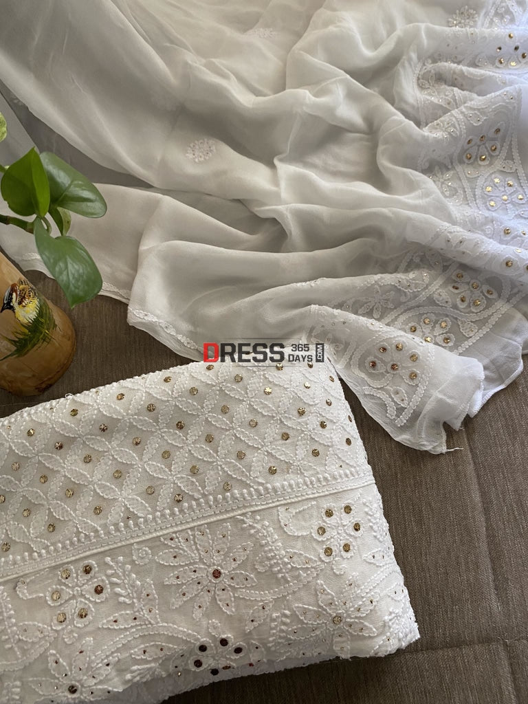 White Kamdani Lucknowi Chikankari Anarkali Suit