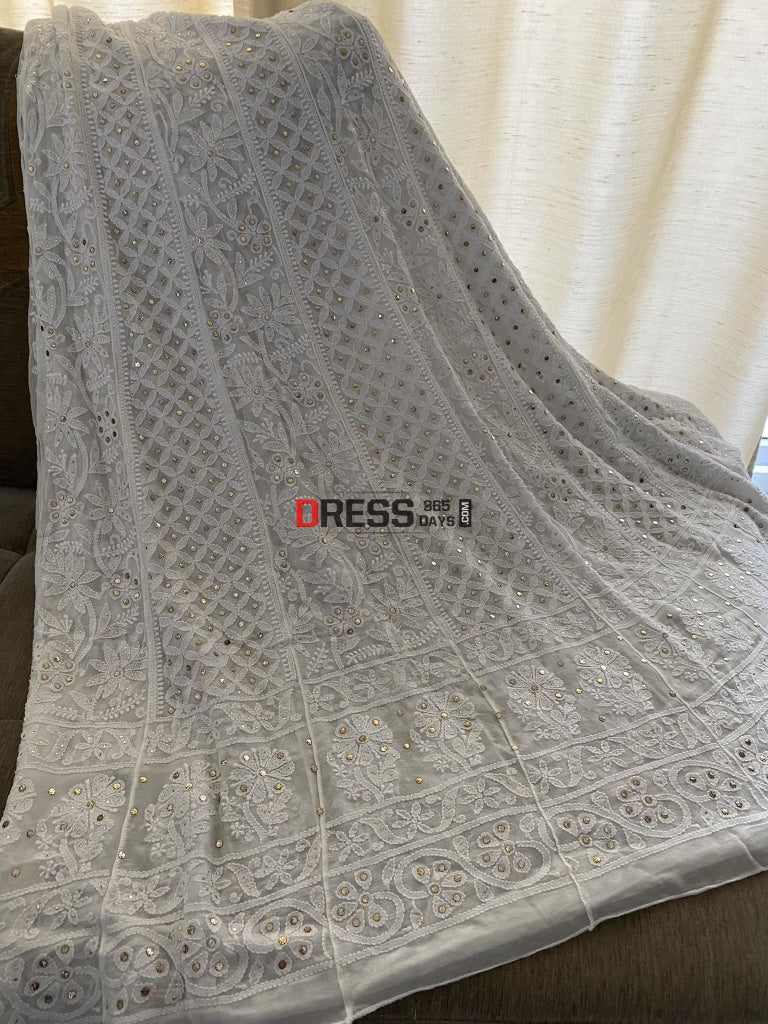 White Kamdani Lucknowi Chikankari Anarkali Suit