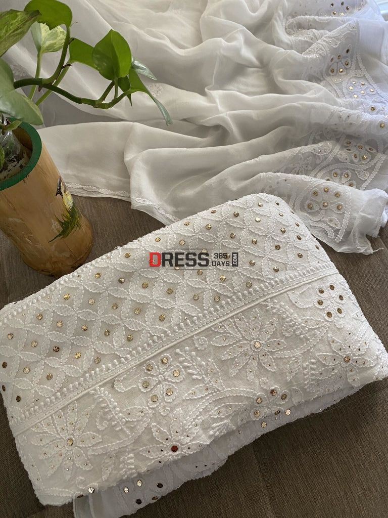 White Kamdani Lucknowi Chikankari Anarkali Suit