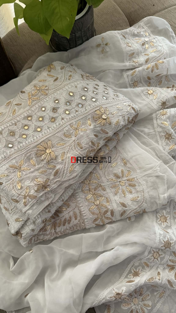 White Mirror Gota Patti Chikankari Anarkali Suit - Chikankari Anarkali
