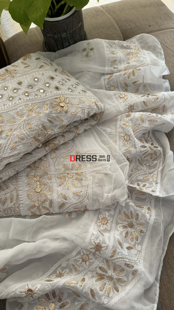 White Mirror Gota Patti Chikankari Anarkali Suit - Chikankari Anarkali