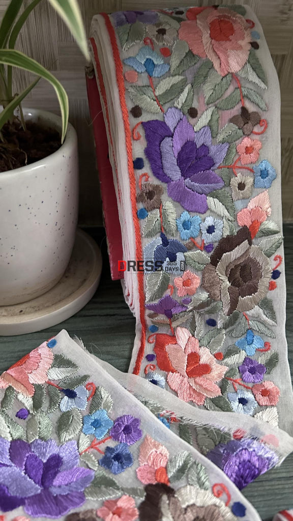 White & Multicolour Parsi Gara Hand Embroidered Border