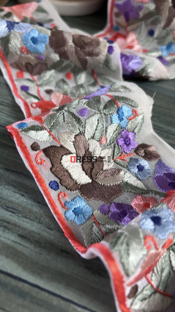 White & Multicolour Parsi Gara Hand Embroidered Border