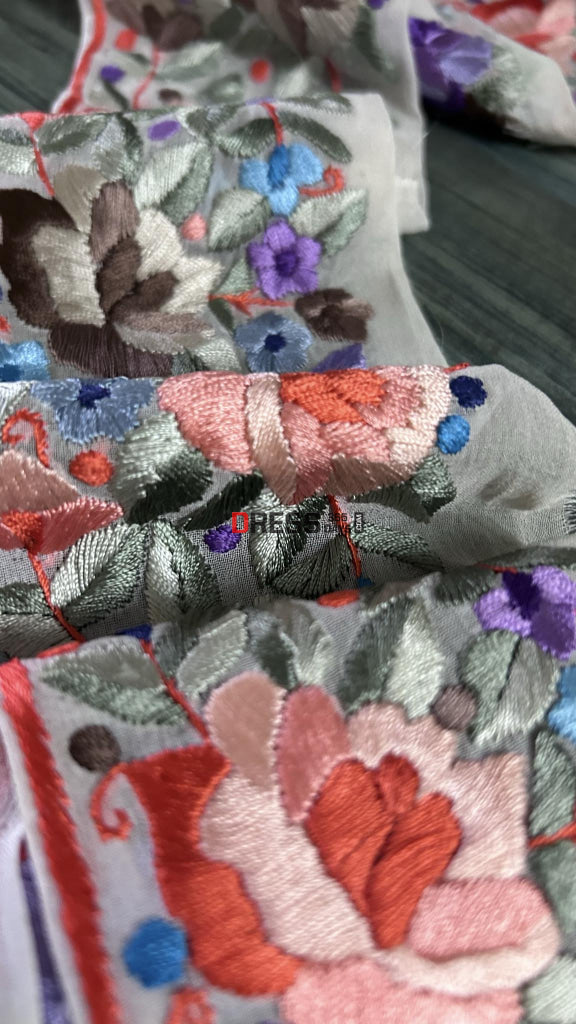 White & Multicolour Parsi Gara Hand Embroidered Border