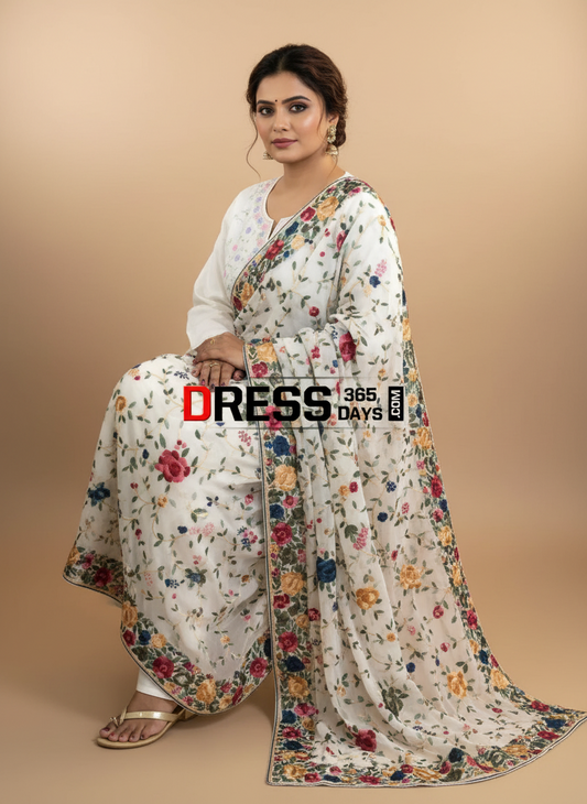 Ivory White Multicolour Parsi Gara Hand Embroidered Dupatta