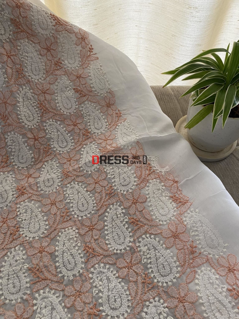 White & Peach Cotton Chikankari Kurti Fabric (Only Kurti)- Festive Collection