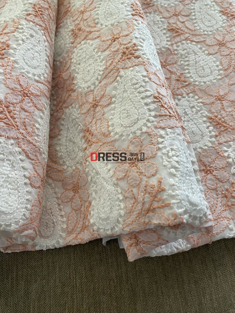White & Peach Cotton Chikankari Kurti Fabric (Only Kurti)- Festive Collection