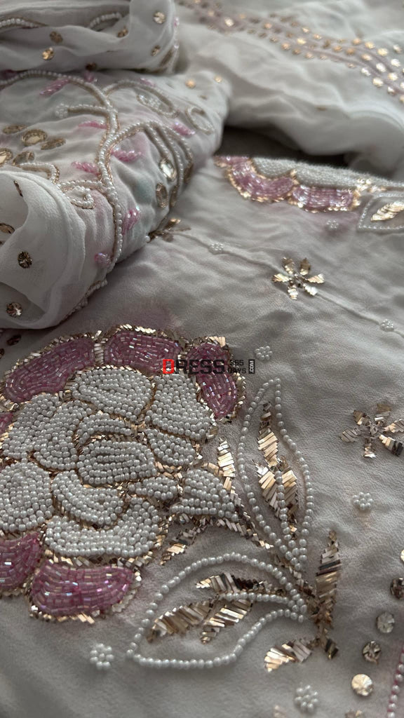 White Pearl & Cut Dana Kamdani Anarkali Suit- Festive Collection Chikankari