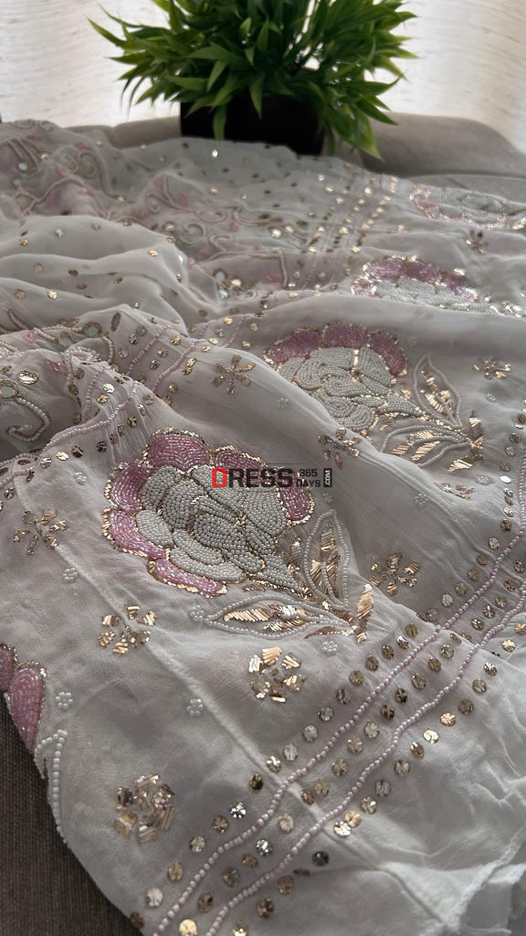 White Pearl & Cut Dana Kamdani Anarkali Suit- Festive Collection Chikankari